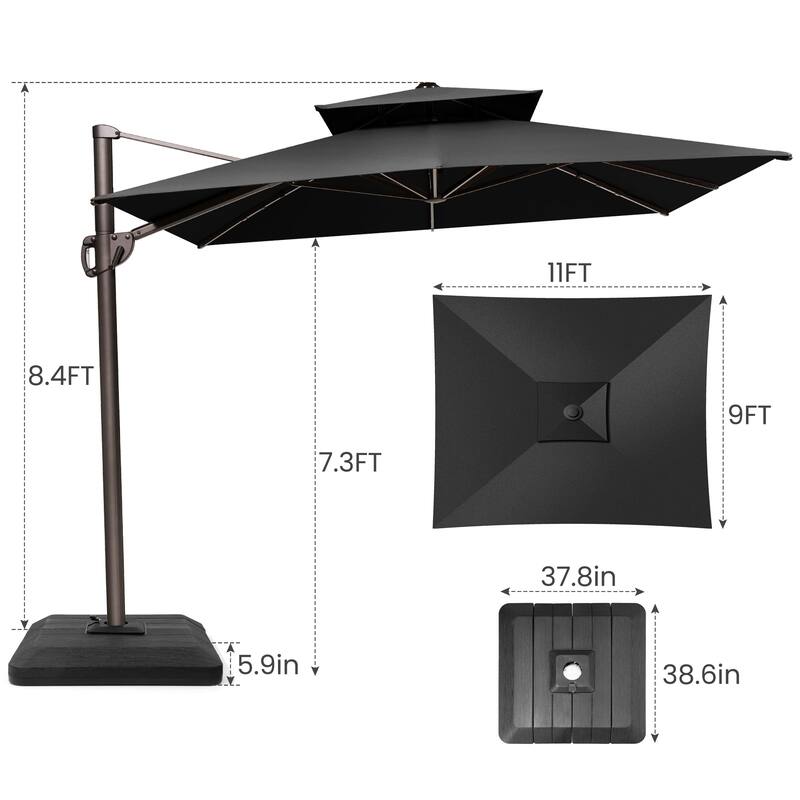 11 x 9 ft Patio Cantilever Offset Umbrella with 360-degree Rotation with Base Stand