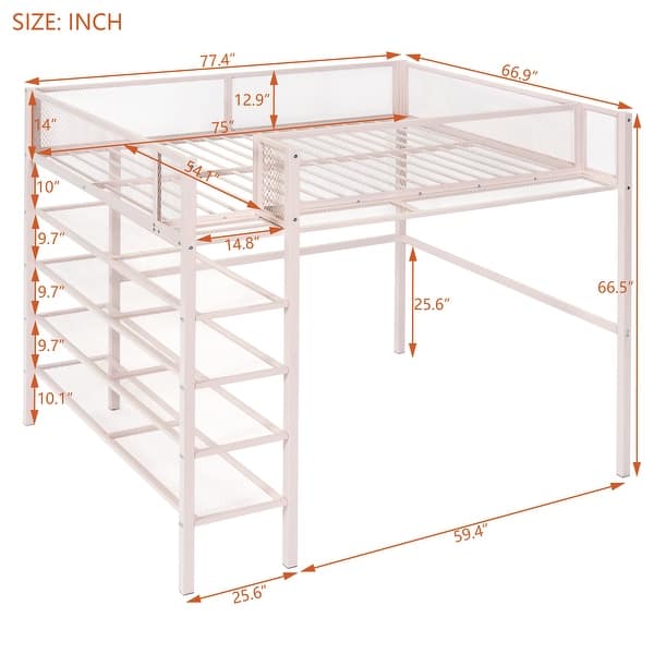 dimension image slide 2 of 7, Heavy Duty Metal Loft Bed Frame for Dorm with 4-Tier Storage Shelves, Ladders & Safety Guard Rail, Storage Platform Bed