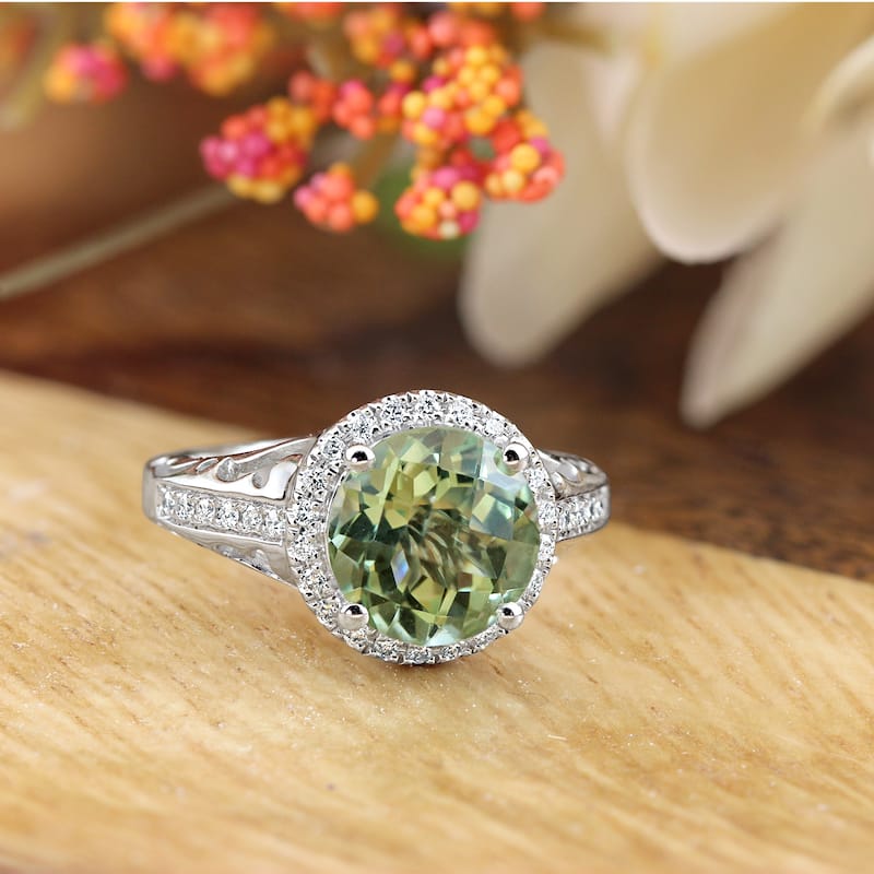 Auriya 1 1/2ct Fancy Round Green Amethyst and Halo Diamond Engagement Ring 1/5ctw 14k Gold