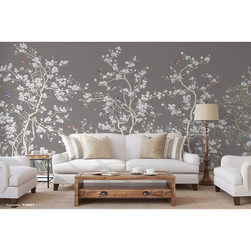 Serene Blossom Hand-Illustrated Chinoiserie Wallpaper Mural - Blue - W:225" x H:118"