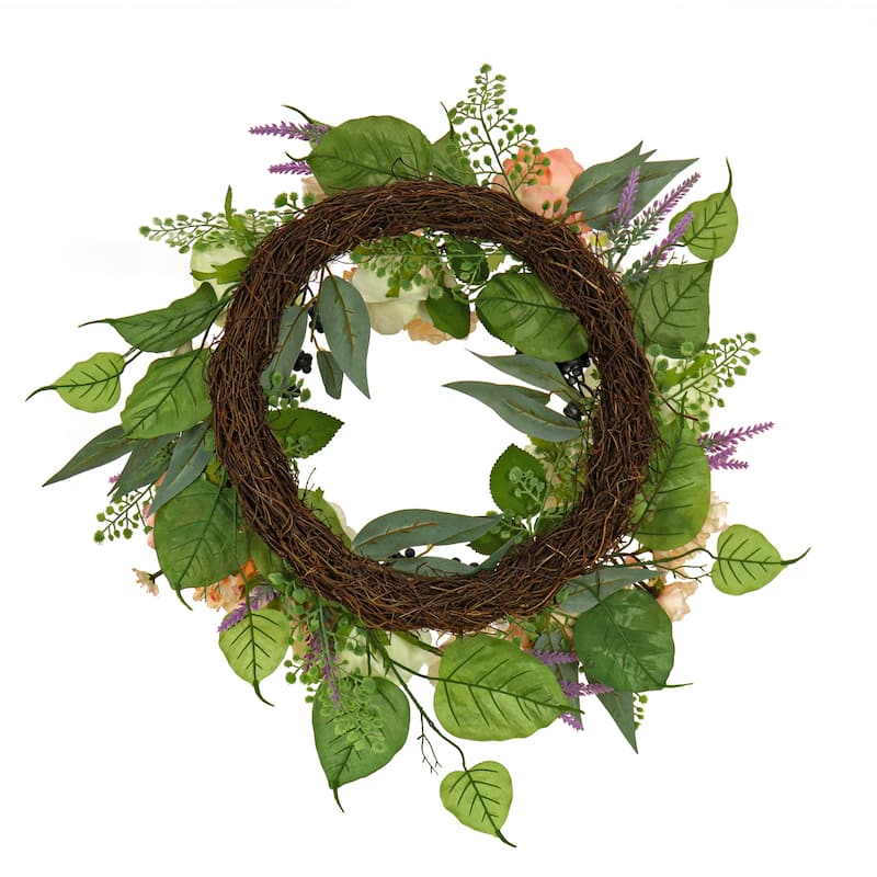 National Tree Company 24 inch Artificial Spring Wreath with Rose and Peony Flower Blooms, Leafy Greens, Realistic Floral Décor