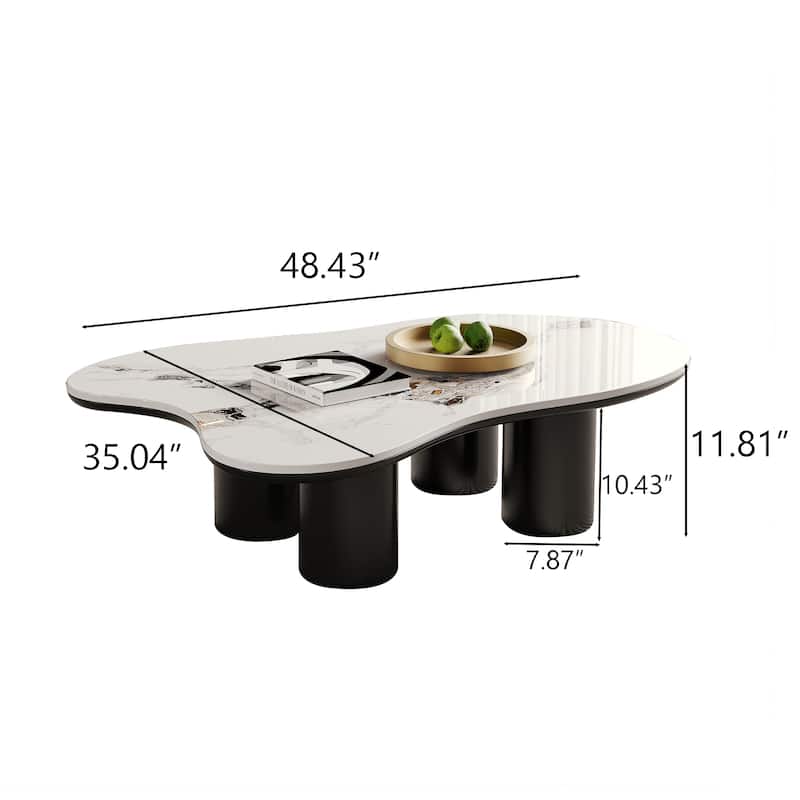 48"Modern Black Coofee Table, Glossy Sintered Stone Table-top, Cloud Shaped with 4 Legs