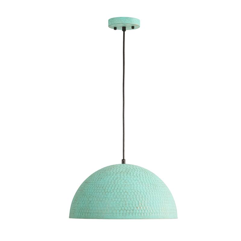 15.7" 1-Light Retro Antiqued Green Hammered Dome Pendant with Gold Interior Hanging Light for Dining Room