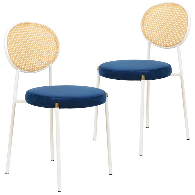 LeisureMod Euston Modern Dining Chair with Upholstered Velvet Seat - Wicker Back and White Stainless Steel Legs Accent Chair - Navy Blue