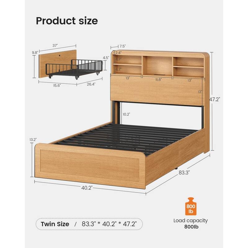 Bed Frame with 4 Storage Drawers and Hidden Storage Headboard Charging Station