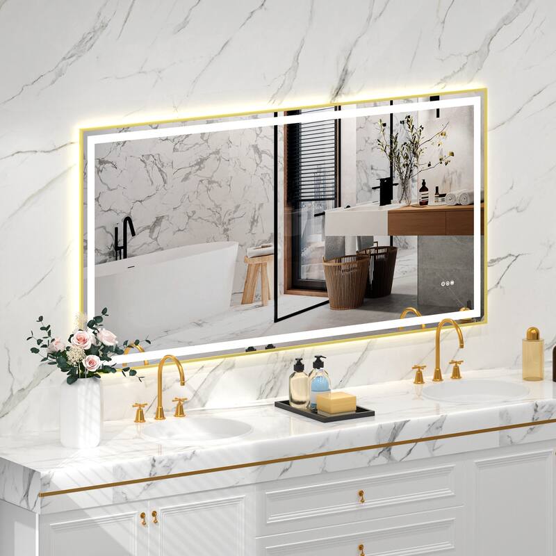 Gold-Silver Glass LED Vanity Mirror with Dual Lights and Anti-Fog - 72” W x 36” H