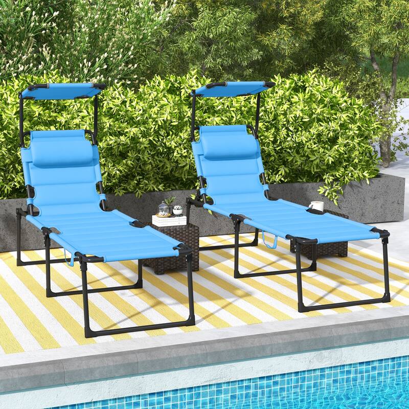 2 Pcs Outdoor Lounge Chair, Adjustable Backrest Folding Chaise Lounge with Sunshade Roof & Pillow for Beach, Camping, Hiking