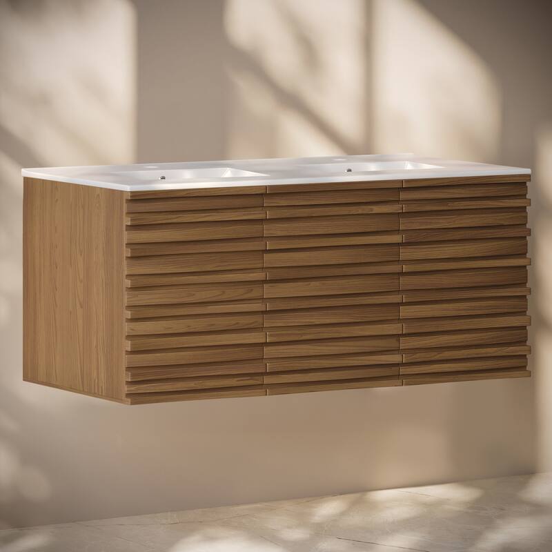 Cascade 48" Wall-Mounted Bathroom Vanity In Brown Oak With Double Basin Sink Top - 48