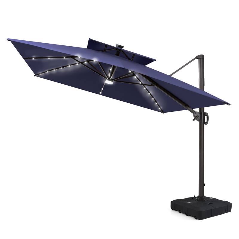 12 x 9 FT Outdoor Patio Cantilever Umbrella with Solar Lights Double Canopy 360 Rotation Tilt with Wheel Base