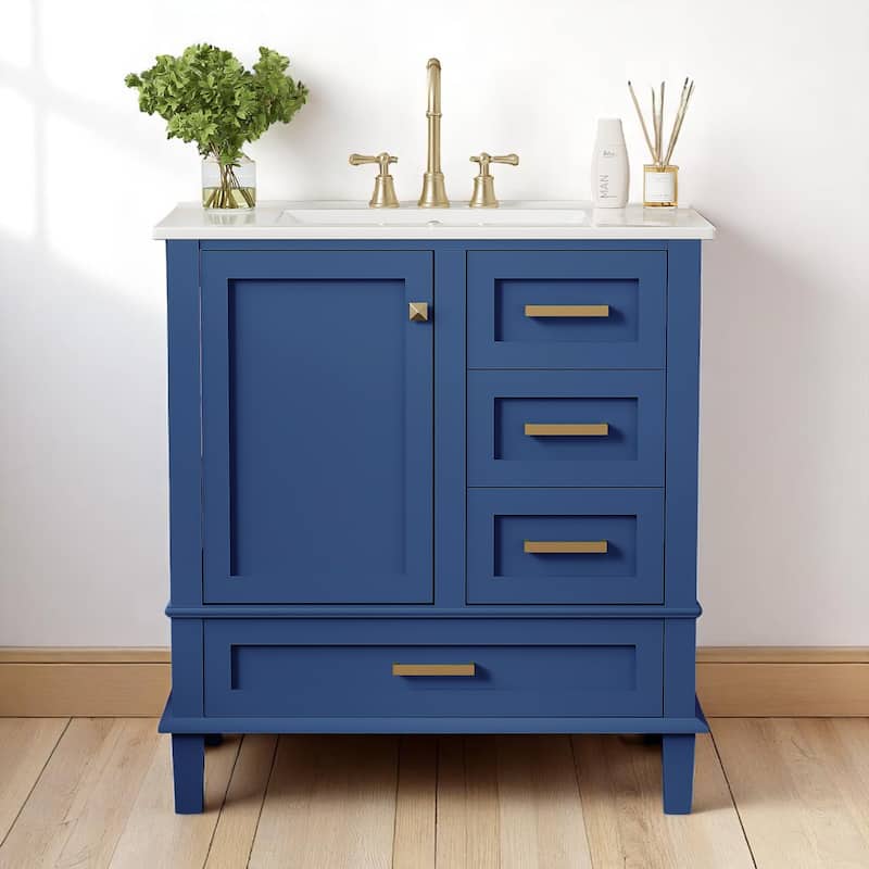 30" Modern Bathroom Vanity with Ceramic Sink, 3 Drawers, 1 Soft-Close Door, Solid Wood Frame