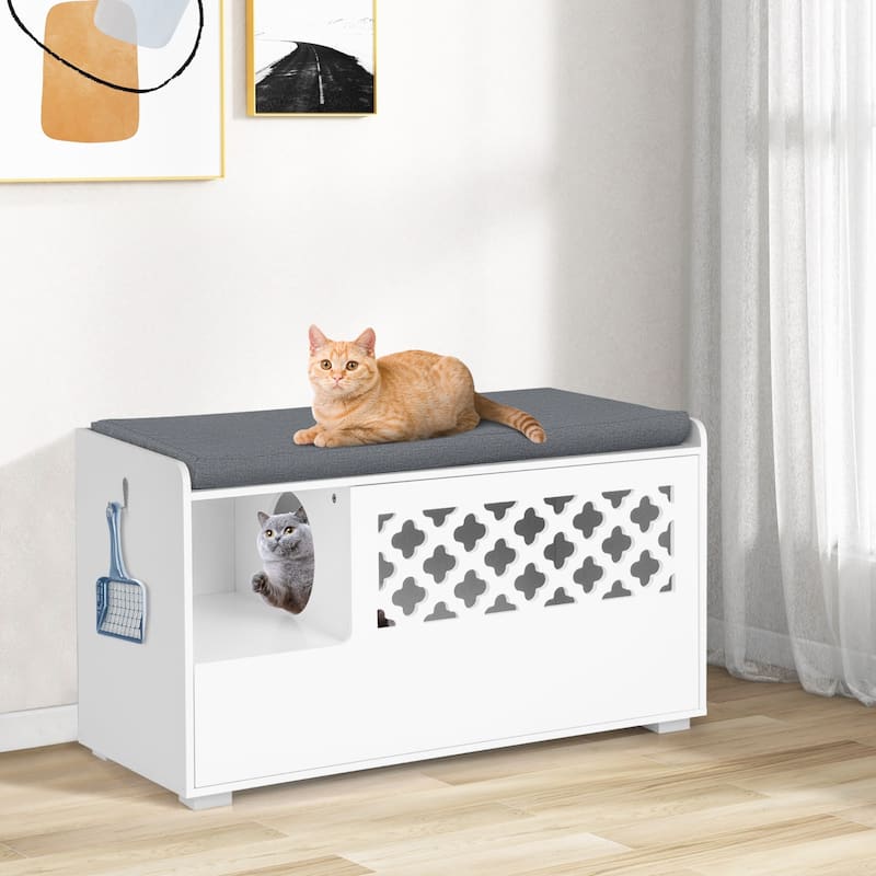 Cat Litter Box Enclosure with Removable Cushion and Front Open Door-White - 35.5" x 19" x 20.5" (L x W x H) - White