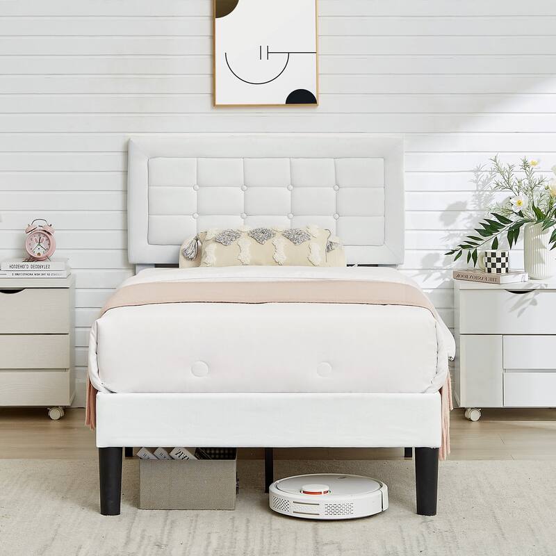 VECELO Tufted Upholstered Kids Bed with Adjustable Headboard,Twin Size Bed Set of 2