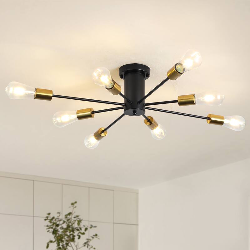 8-Light Modern Semi Flush Mount Sputnik Ceiling Light for Kitchen Bedroom Dining Room - Black+Gold