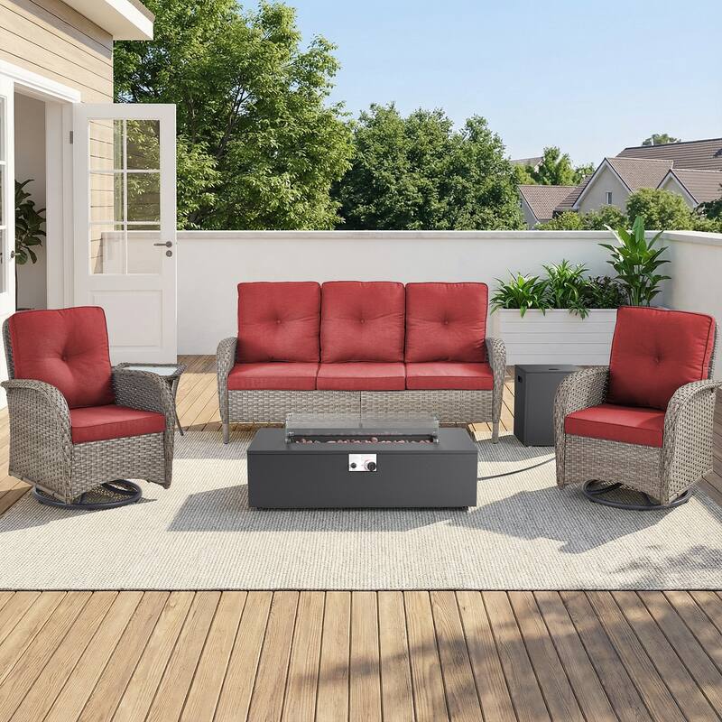Pocassy 5/7 Piece Sofa Swivel Chair Ottoman with Fire Pit Table - Gray Wicker Red Cushion - 5-Piece Sofa Swivel Chair with Fire Pit Table