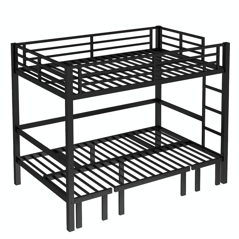Pull-Out Bunk Bed with Three-Section Lower Bunk and Safety Rails on Top Bunk