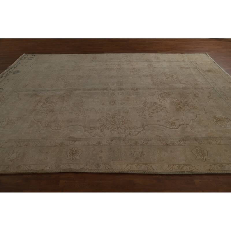 Tabriz Persian Vintage Area Medallion Beige Wool Carpet - 8'4" x 11'1"