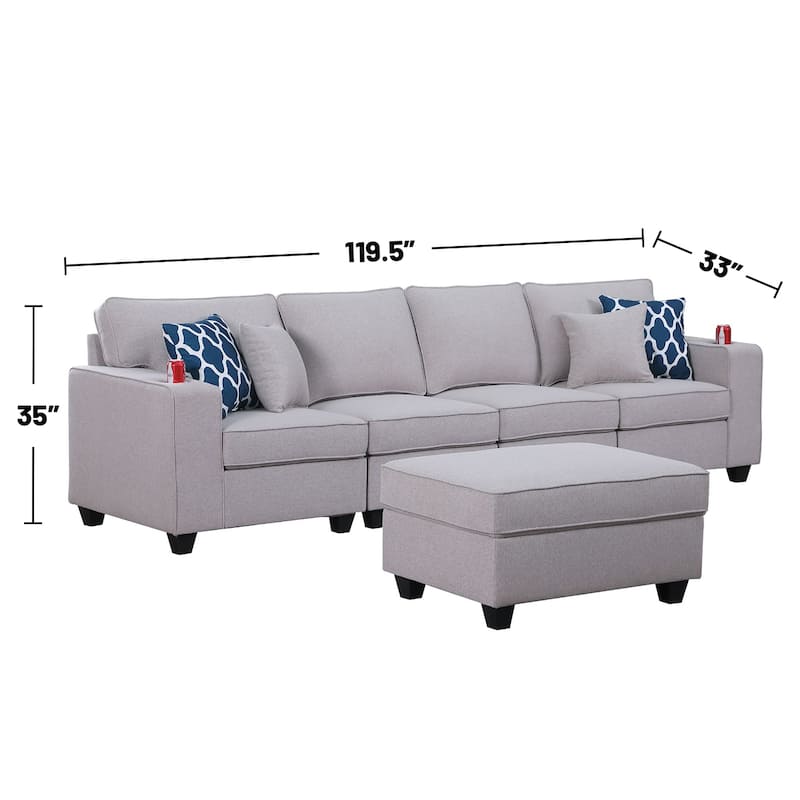 Linen Upholstered 4-Seater Sofa with Ottoman in Light Gray