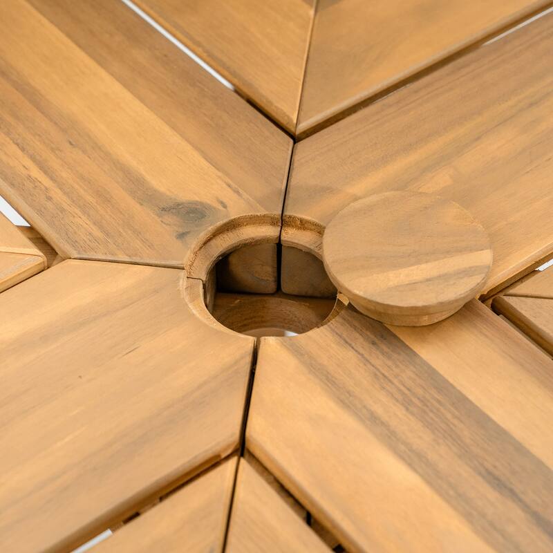 Round Patio Dining Table Set for 6 with Umbrella Hole Durable Acacia Wood Outdoor Furniture