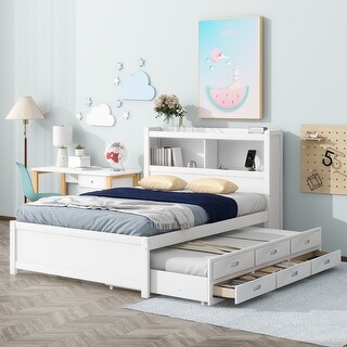 Full Size Bed with Trundle, Drawers, and USB Ports in White