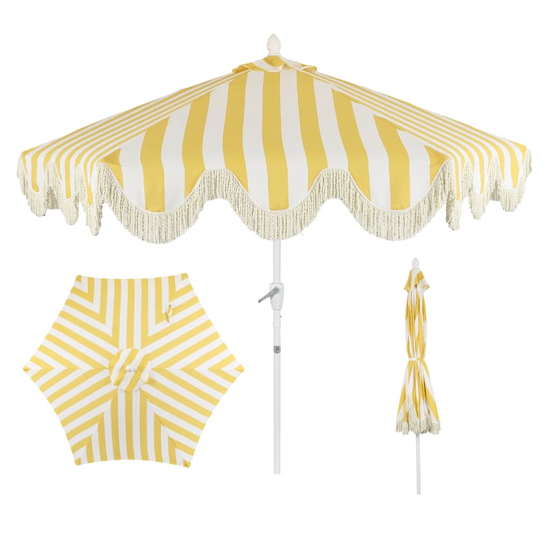 9ft Tassel Patio Umbrella Auto-Tilt, Crank , by JONATHAN Y