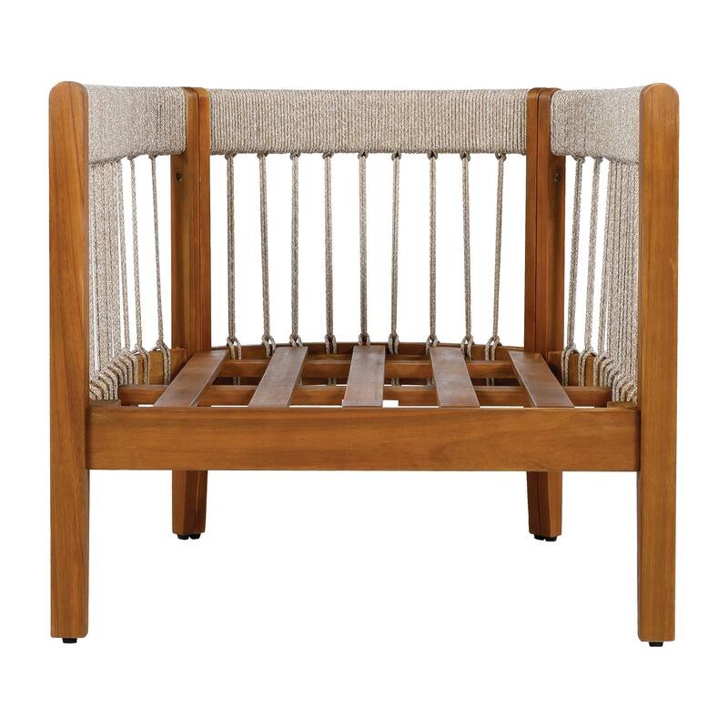 Acacia Wood Outdoor Club Chair with Handwoven Rope and Curved Backrest, Water-Resistant and Comfortable for Patio or Garden.