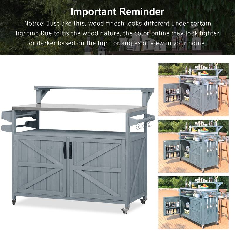 53" Outdoor Kitchen Island with Stainless Steel Top, Raised Shelf, Solid Wood Grill Cart with Storage Cabinet