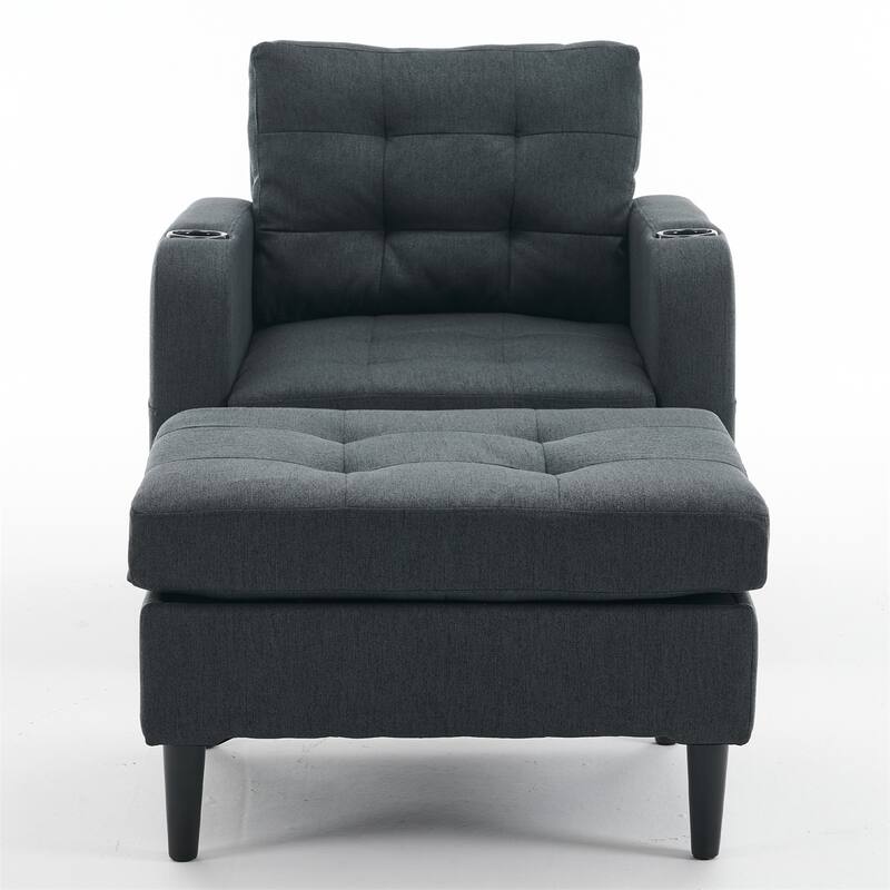Armchair and Storage Ottoman Set with Cup Holders and Tufted Detailing