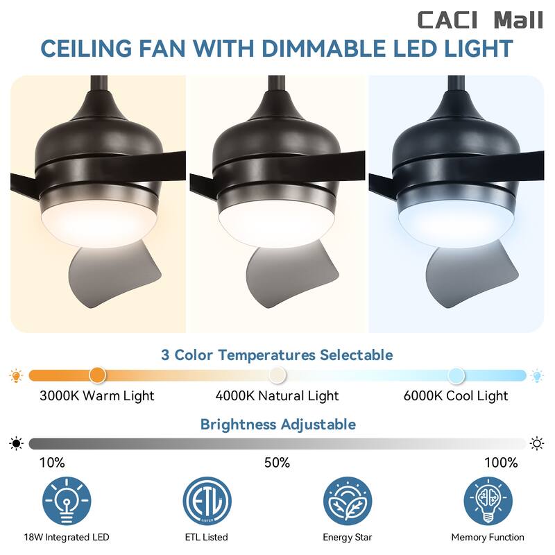 52/60 Inch Ceiling Fan with Integrated LED Light and Remote Control Quiet DC Motor