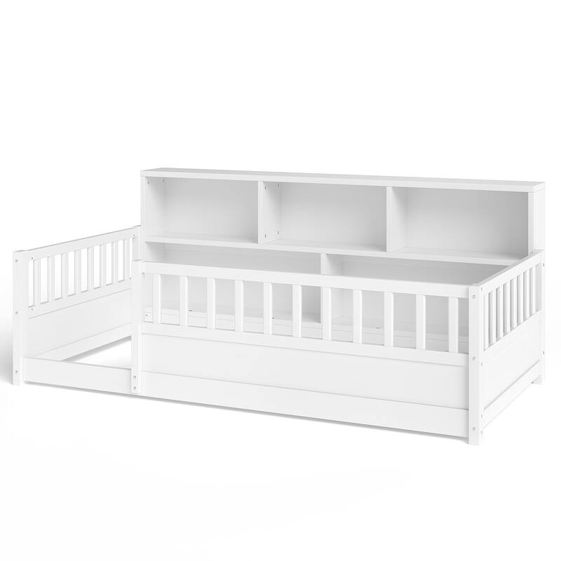 Wooden Floor Bed Frame with Fence Guardrail & Side Storage, Low Profile Kids Bed (Full/Twin)