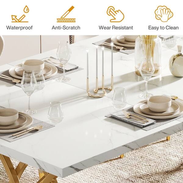 Modern Dining Table for 4-6 People, 63" Large Kitchen Table with Faux Marble Tabletop