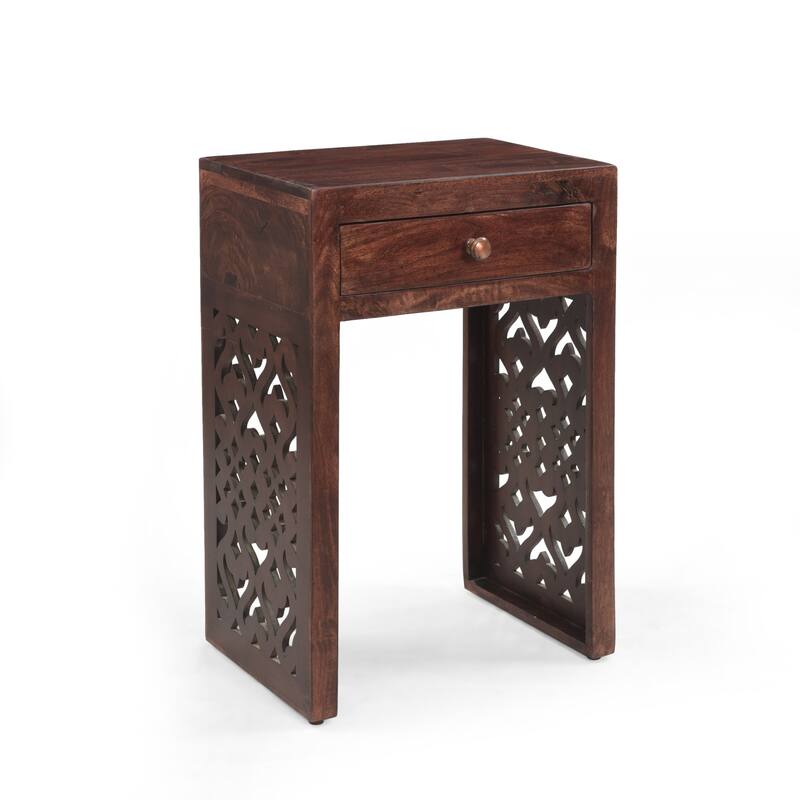 Roomfitters Dark Wood Nightstand with Lattice Cutout Legs and Single Drawer, Boho Bedroom End Table, Brown