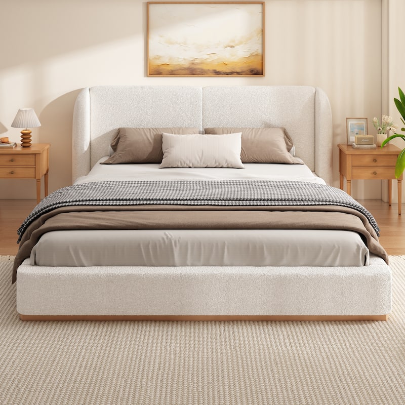 Christopher Knight Home - Aurelius Boucle Upholstered Bed Frame with Solid Rubberwood Base and Wingback Headboard