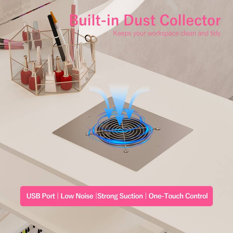 White Nail Desk with Dust Collector, Glass Shelf & Gold Handles – Manicure Station for Salon and Home