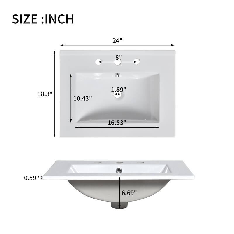 Modern 24" Bathroom Vanity with Ceramic Sink, 2 Drawers & Storage, Wooden Bathroom Cabinet