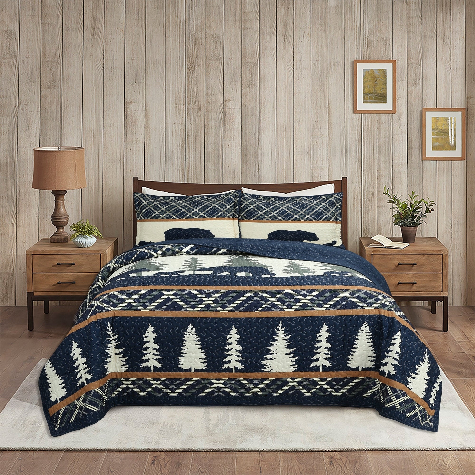 MarCielo 3 Pcs Cabin Lodge Bear Quilt Bedspread Set