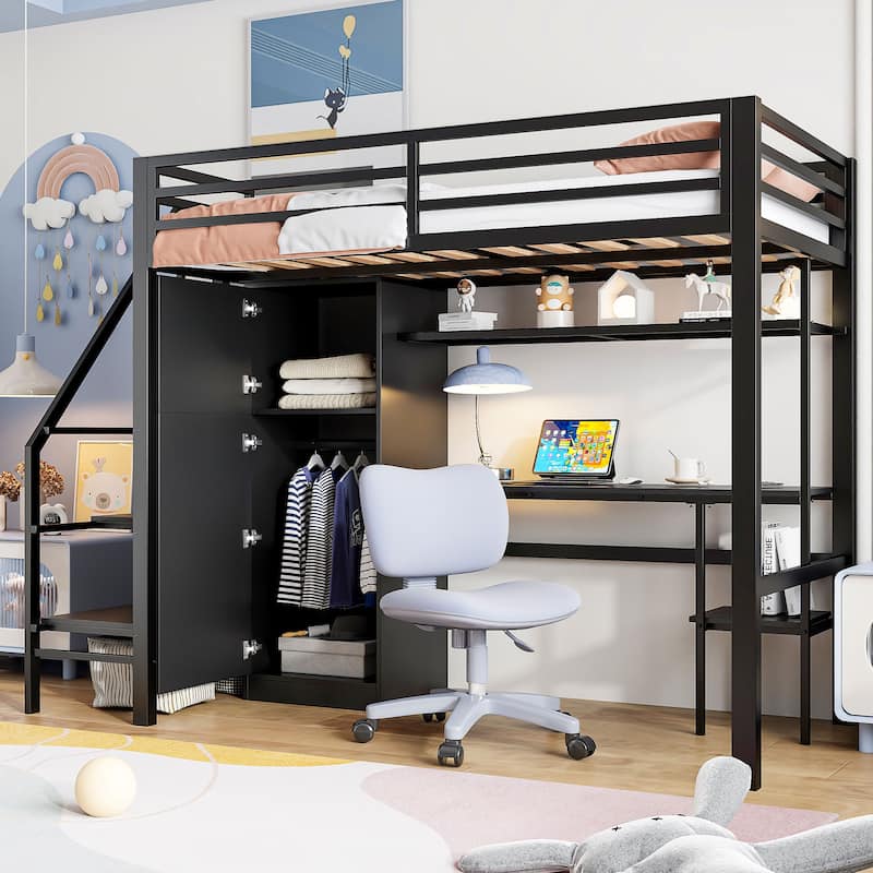 Full-Size Metal Loft Bed with Built-in Wardrobe, L-Shaped Desk, Charging Ports, and Multi-Layer Storage Shelves