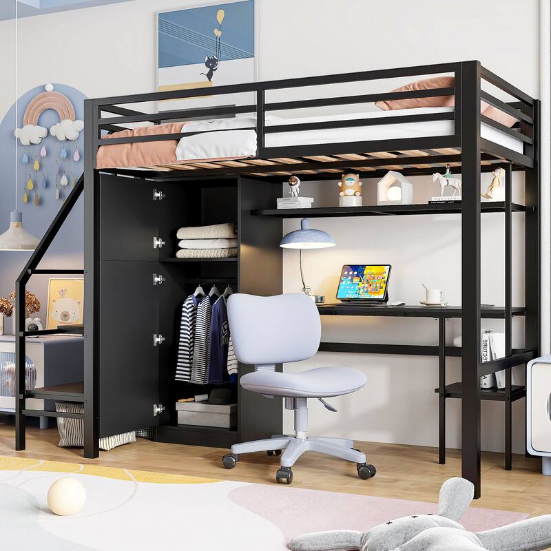 Metal Twin Loft Bed With Desk, Shelf, Wardrobe and Storage Staircase
