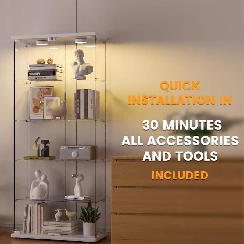 Glass Display Cabinet 5-Shelf with Door, LED Push Lights with Remote Control,5mm Tempered Glass Floor-to-Ceiling Bookcase