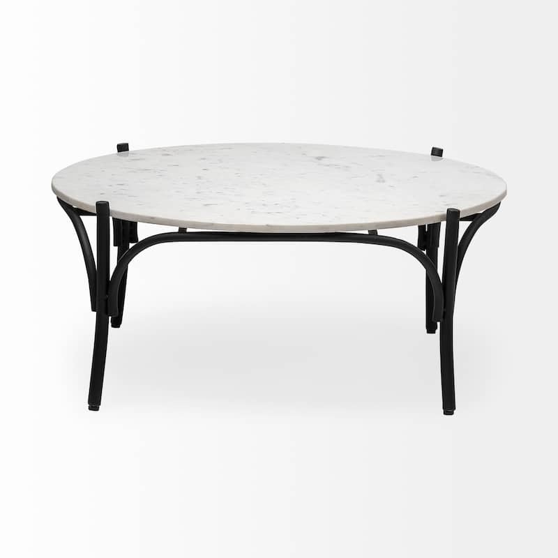 Etienne White Marble Top w/ Black Iron Frame Round Coffee Table - 36"W x 36"L x 15"H - 36"W x 36"L x 15"H