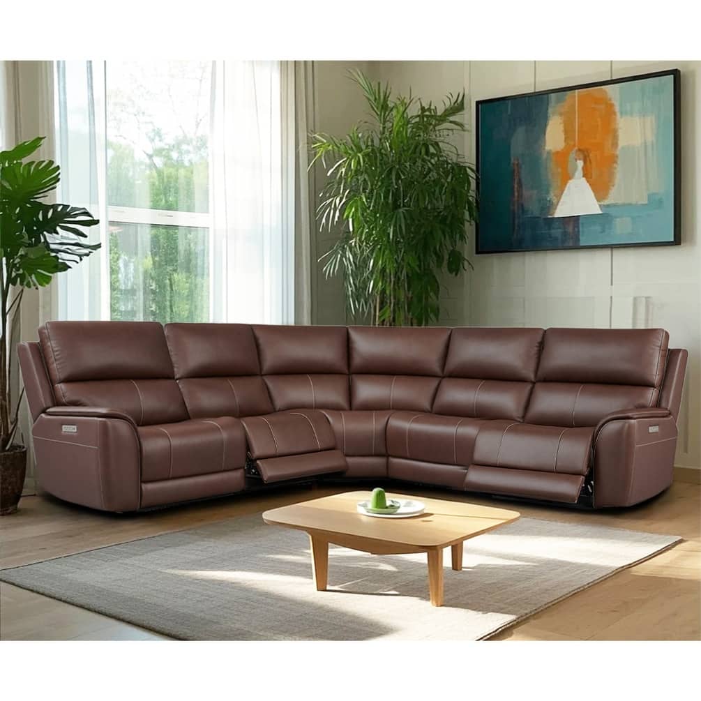 5PCS, 3 power Recliners, Double Width Genuine Leather Reclining Sectional with Zero Gravity and USB&Type-C Ports