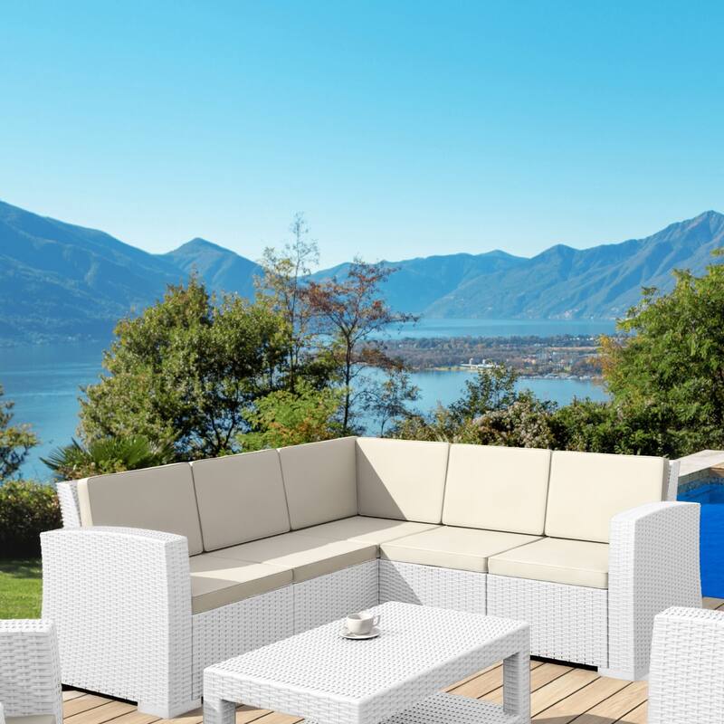 5 Piece White Outdoor Patio Sectional with Natural Beige Sunbrella Cushion 81.5"