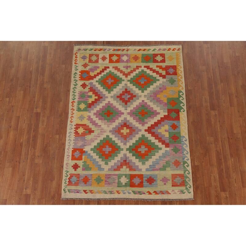 Hand Woven Oriental 100% Wool Carpet Southwestern Geometric Multi-Colored Kilim Area Rug - 6' 8'' X 4' 10''