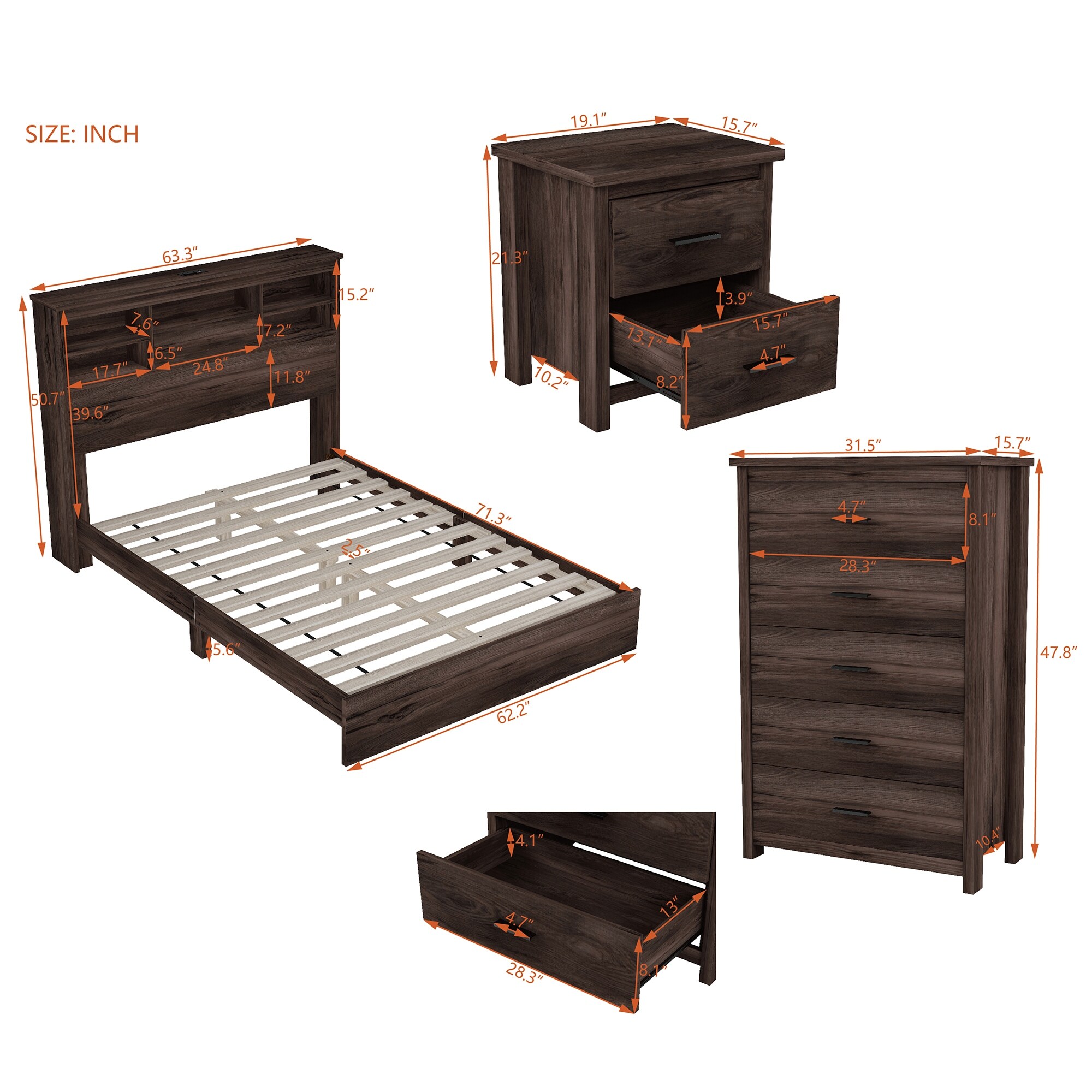 4-Pieces Bedroom Sets Vintage Bed Frame with 2 Nightstands and 1 Dresser