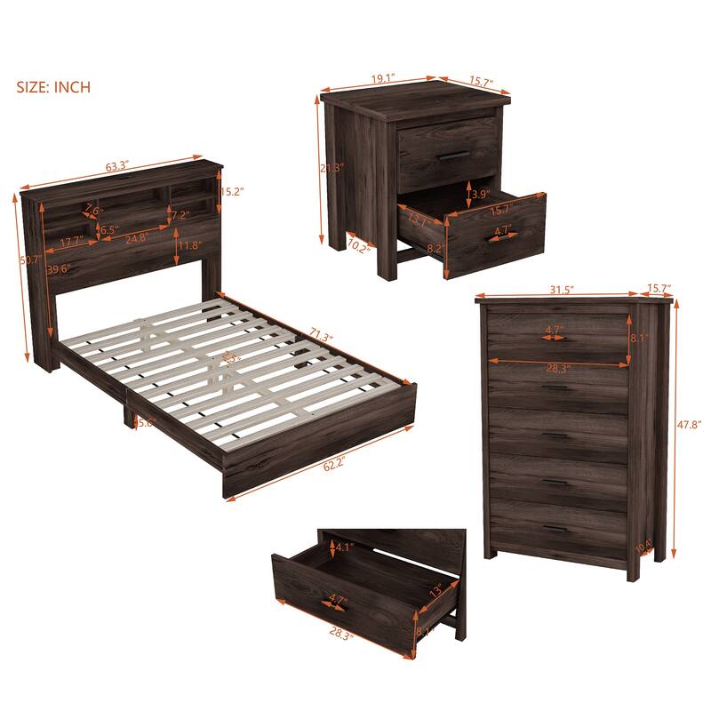 4-Pieces Bedroom Sets Vintage Wooden Bed Frame