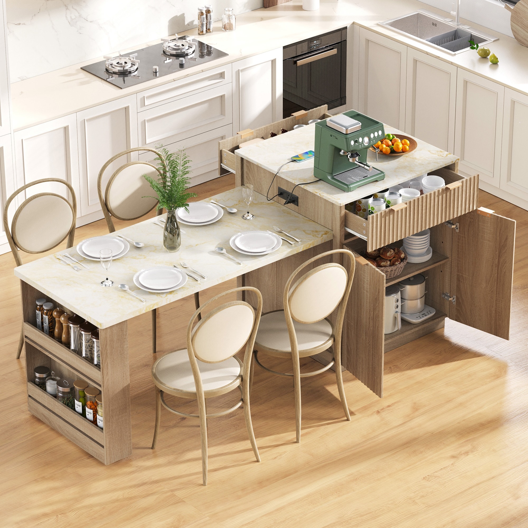 82.6" Fluted Kitchen Island with Extendable Dining Table for 4-6, Island Table for Kitchen with Power Outlet