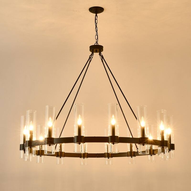 Black Wagon Wheel Chandelier with Glass Shades Adjustable Farmhouse Pendant Light for High Ceilings - 47.2