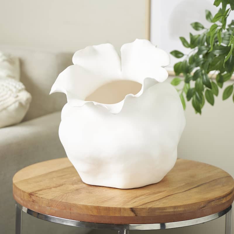 Ceramic Abstract Wide Rounded Floral Shaped Vase with Petal Rim - White or Black - Roche River Decor