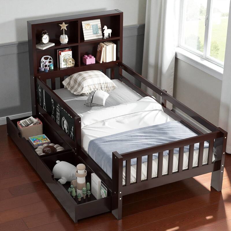 Twin/Full Solid Wood Platform Bed with Chalkboard Headboard, Storage Drawers and Shelves, Space-Saving Kids Bed