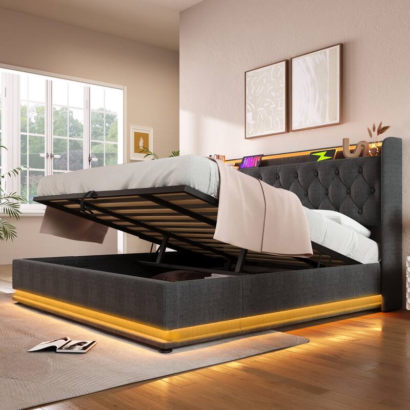 Metal Frame Storage Bed LED Linen Upholstered Platform Bed, King