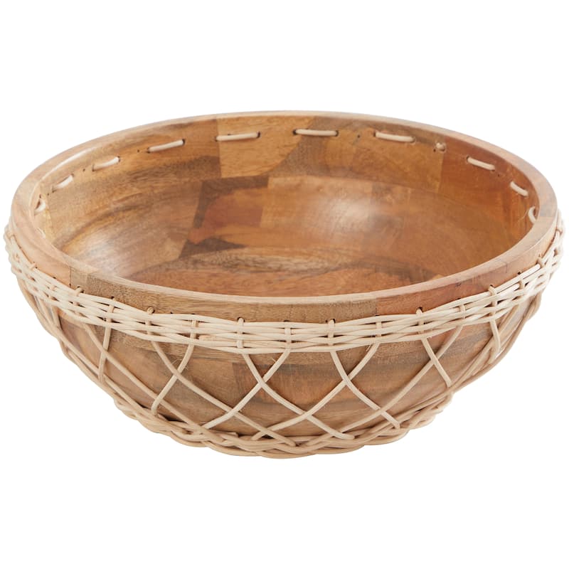 Brown or Black Mango Wood Handmade Decorative Bowl with Woven Rope Accents